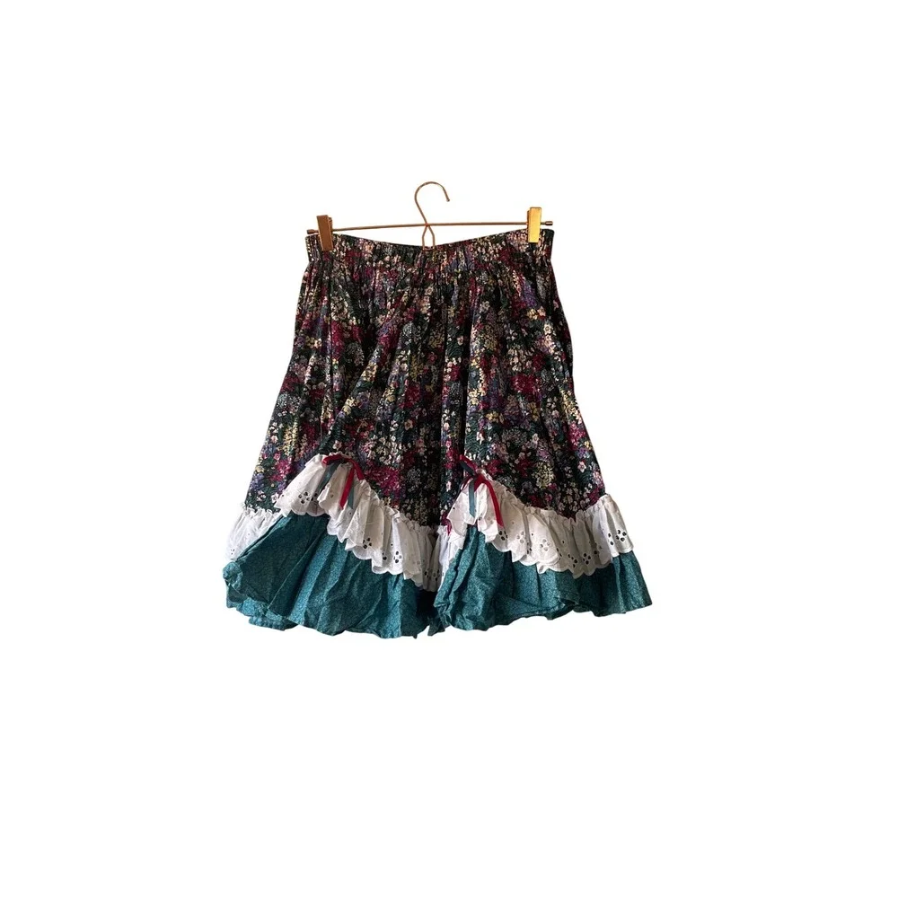 Vintage Style Floral Prairie Skirt Cottagecore Eyelet Lace Ruffle Mini Skirt
